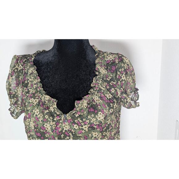 Converse women Floral Purple Brown short sleeve sheer trough Top blouse top sz L - Picture 4 of 10